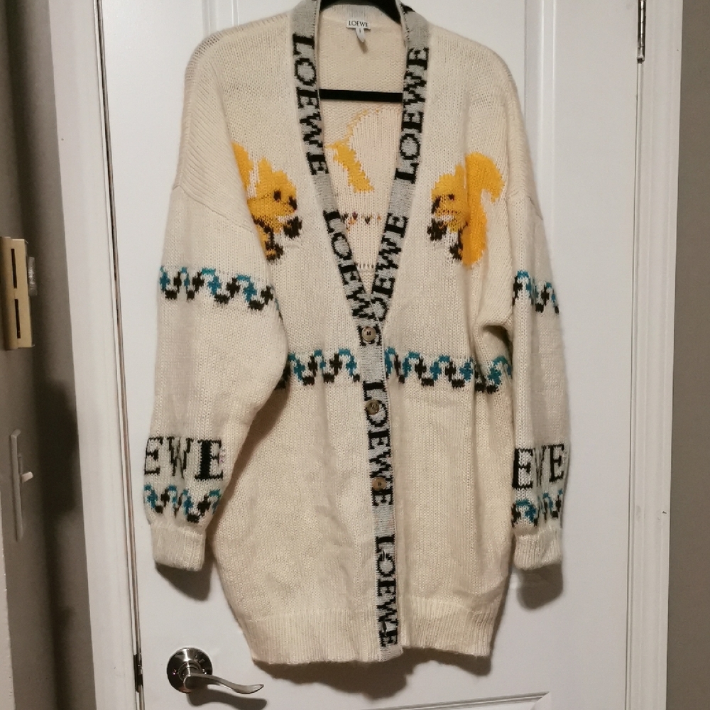 Loewe Cream Cardigan with Yellow Squirrel Design